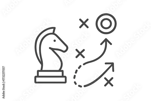 Chess knight and roadmap icon. Business strategy and tactical planning. Reaching a goal or target. Strategic move. Solution finding. Development process and direction.