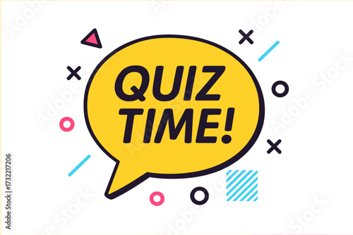 Quiz time vector icon in comic style. Speech bubble with geometric graphic shapes. Question, answer, test, exam concept. Trendy text balloon for trivia night or competition.
