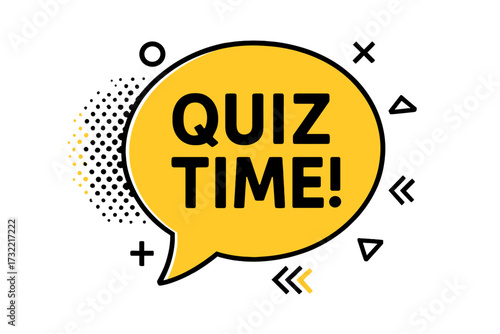 Quiz time speech bubble vector icon. Modern pop art style banner for trivia night or competition. Question and answer game concept illustration with geometric shapes.