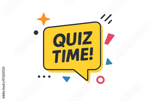 Quiz time vector speech bubble. Trendy text balloon with geometric shapes for trivia night contest. Fun illustration for game show, test, exam, poll, or question concept.