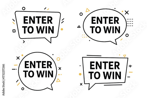 Enter to win banner set. Speech bubble for contest announcement, giveaway promotion. Trendy graphic vector label for marketing, advertising, lottery and prize competition.