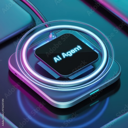 Modern AI Agent chip with glowing neon accents represents the future of artificial intelligence technology