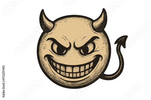 Vintage retro evil emoticon. Diabolical smiley emoji vector icon. Angry devil face character with horns and tail. Grunge sketch illustration for t-shirt design. Mascot logo.