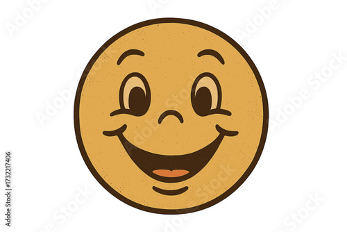 Vintage retro cute emoticon with a happy smiling face. Vector emoji icon. Old classic 70s groovy cartoon mascot illustration. Joyful positive emotion. Good mood logotype.