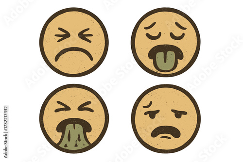 Set of vintage retro grossed out emoticons. Vector smiley collection showing disgust, nausea, sickness and vomiting. Grunge textured emoji icon pack. Unwell face symbol.