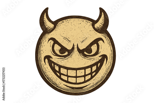 Vintage retro evil emoticon with devil horns. Diabolical smiley face icon with a mischievous grin. Sinister emoji character. Grunge vector illustration. Demonic symbol.