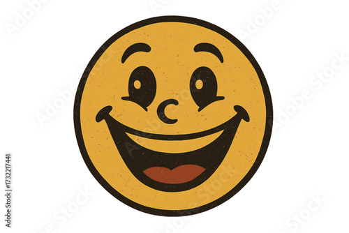 Vintage smiley face icon with retro distressed texture. Happy smiling emoticon. Positive emoji character vector illustration. Old school graphic design element isolated.