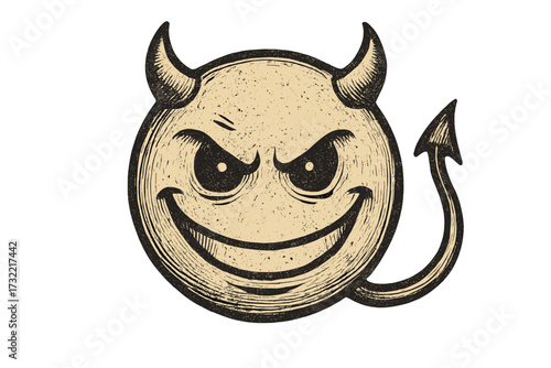 Vintage evil emoticon with a diabolical grin. Retro devil smiley face with horns and tail. Vector illustration of a mischievous, naughty character icon with grunge texture.