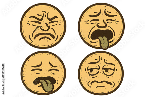Set of retro grossed out emoticons. Vintage smiley faces showing disgust, nausea, and sickness. Vector cartoon character emoji icons with disgusted expressions. Yuck face.