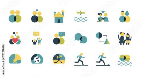 People and modern lifestyle flat icon pack. A trendy vector collection of symbols for social connection, travel, and recreation.