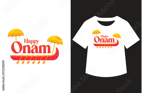 Minimalist black and white graphic featuring "Happy Onam" in modern calligraphy. Text shown standalone and on a white t-shirt design. Clean, bold, high-contrast style for print or design use.