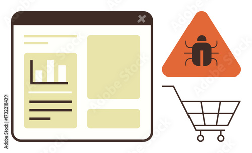 Browser window showcasing data, shopping cart, and warning sign with bug icon. Ideal for security, e-commerce, error detection, software problems, malware cybersecurity online transactions. A