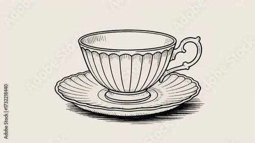 A detailed black and white line drawing of an elegant vintage teacup and saucer set 