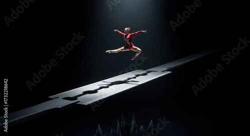 Performer balancing on a razor's edge in a dark spotlight.