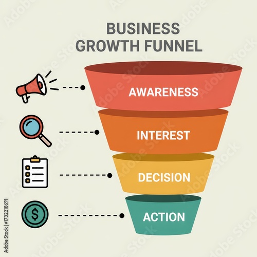 Visualize business growth funnel stages awareness interest decision action for marketing strategy