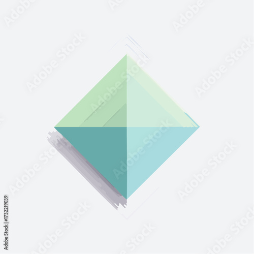 A pastel green and blue 3D pyramid with a shadow cast on a white background in a close-up view.
