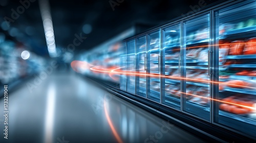 Modern supermarket interior with illuminated refrigeration units displaying various food products and beverages