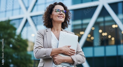 Confident business woman holding a laptop computer outdoors near a modern office building with a hopeful expression on her face