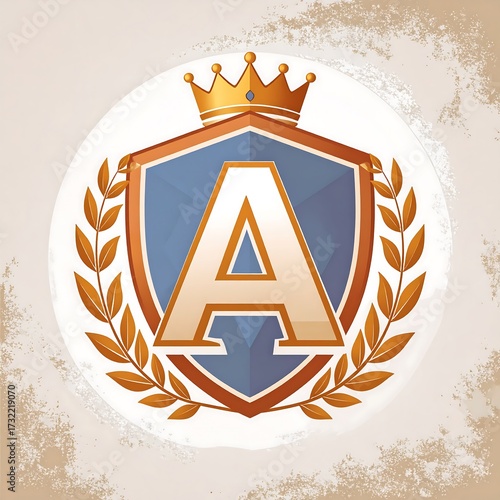 A stylized emblem with a crown, shield, and letter A
