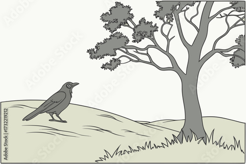 Flying Bald Eagle and Bare Tree Vector Illustration - Monochrome Wildlife Graphic