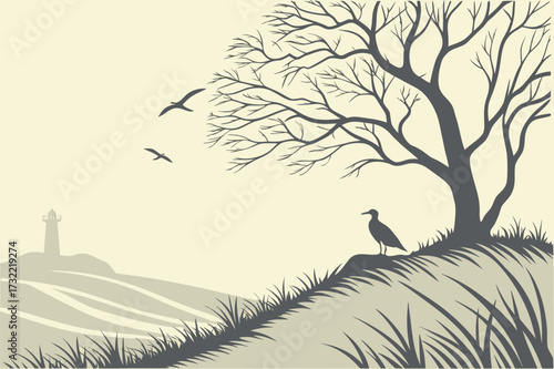 Detailed Eagle/Hawk Perched on Branch Vector Line Art - Monochrome Raptor Drawing