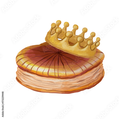 Hand drawn French pastry dessert. Watercolor illustration. Galette des rois and crown