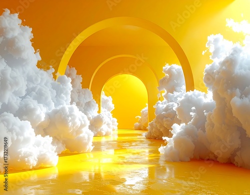 A sunlit yellow tunnel, with clouds