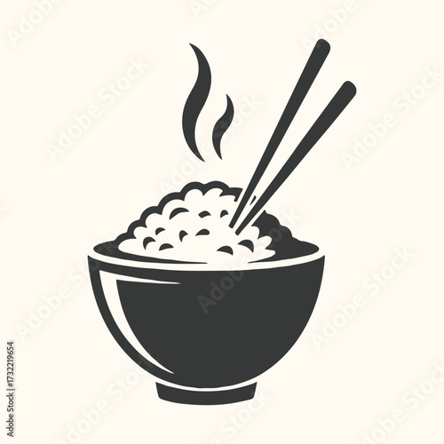 Vector art of a steaming bowl of white rice with chopsticks resting on top, symbolizing a delicious and satisfying meal, perfect for culinary themes and asian cuisine