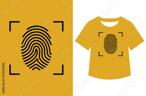 Minimalist black and white illustration of a fingerprint and t-shirt. Bold fingerprint pattern contrasts with clean design, symbolizing identity, security, and modern style.