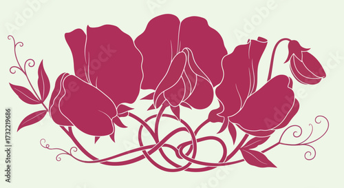 Stylized illustration of pink Sweet Pea flowers on cream background