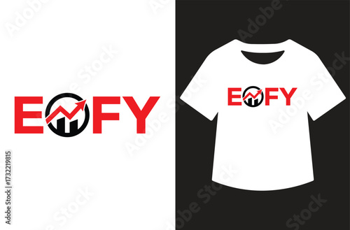 Minimalist black and white graphic featuring "EOFY" in modern calligraphy. Text shown standalone and on a white t-shirt design. Clean, bold, high-contrast style for print or design use.