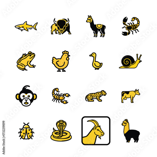 Collection of whimsical cartoon animal icons and zodiac symbols for creative projects