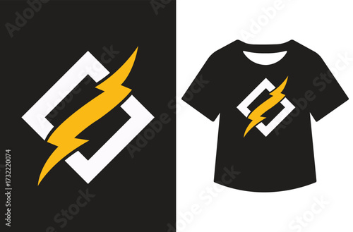 Minimalist graphic design showing a bold lightning bolt within an oval on white, paired with a black background featuring a t-shirt displaying the same design. Clean, modern, and symmetrical.