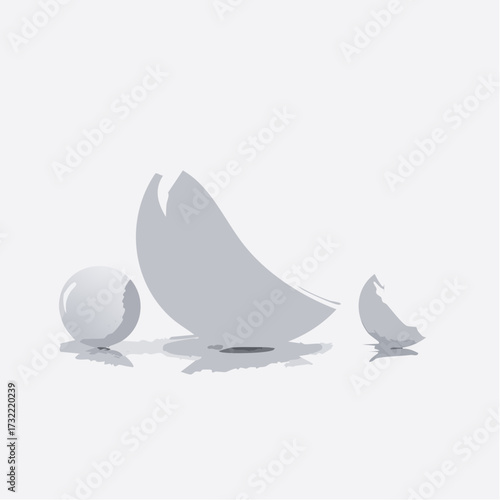 Broken eggshell pieces on a plain white background with shadows underneath.