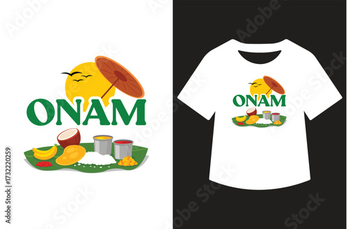 Minimalist black and white graphic featuring "Happy Onam" in modern calligraphy. Text shown standalone and on a white t-shirt design. Clean, bold, high-contrast style for print or design use.