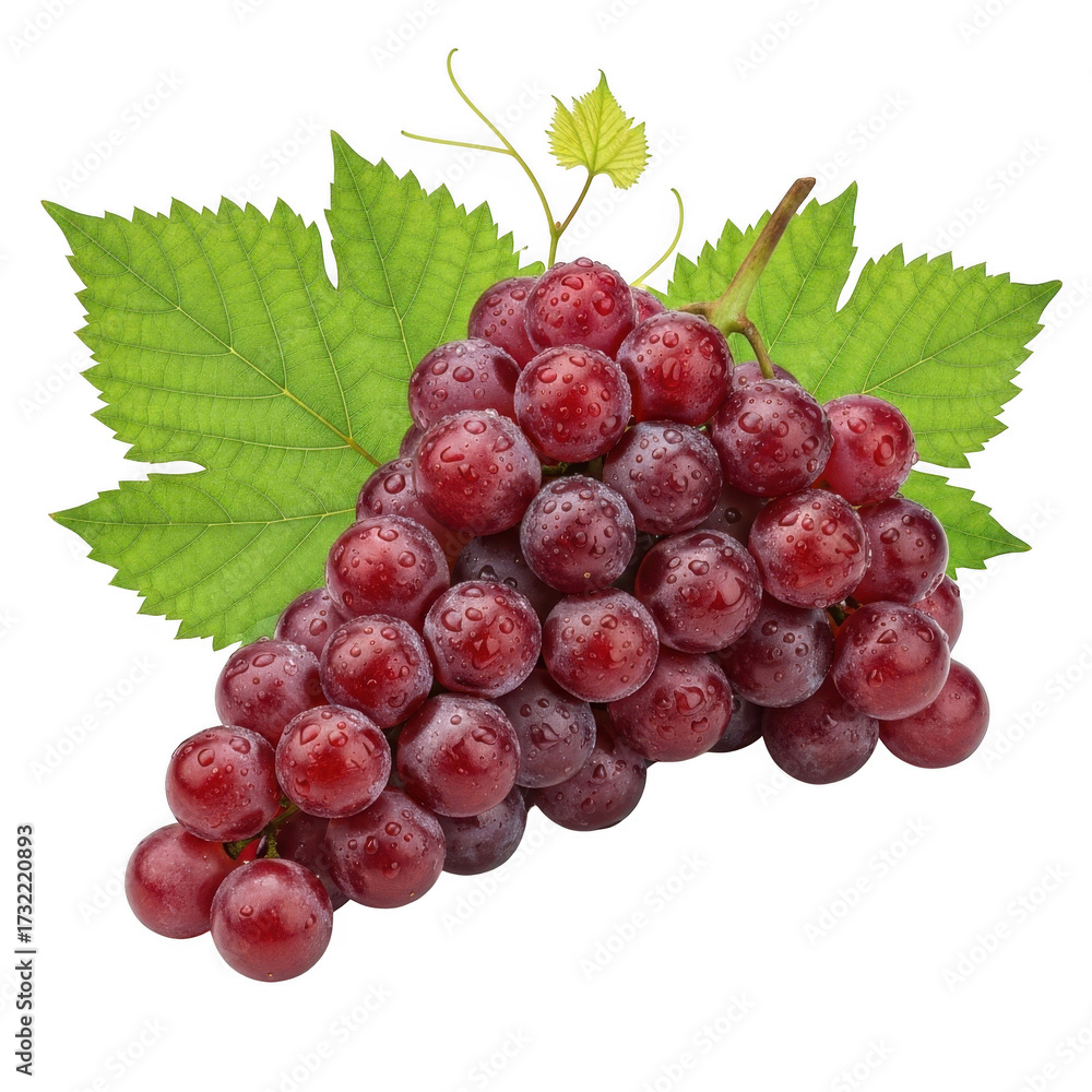 Fototapeta premium Fresh bunch of ripe red grapes with green leaves isolated on black isolated on transparent background