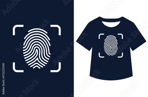 Minimalist black and white illustration of a fingerprint and t-shirt. Bold fingerprint pattern contrasts with clean design, symbolizing identity, security, and modern style.