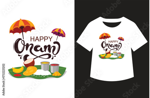 Minimalist black and white graphic featuring "Happy Onam" in modern calligraphy. Text shown standalone and on a white t-shirt design. Clean, bold, high-contrast style for print or design use.