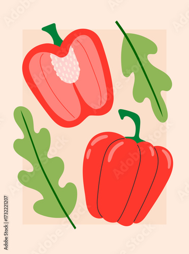 Vegetables poster for supermarket, kitchen, restaurant. Banner with red bell pepper. Culinary ingredients, organic food products, agricultural harvest. Hand drawn flat vector illustration