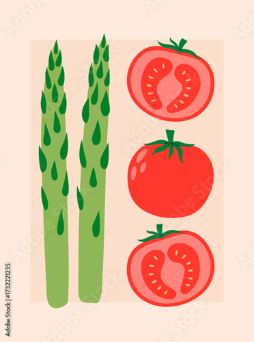 Vegetables poster for supermarket, kitchen, restaurant. Banner with Asparagus, tomato. Culinary ingredients, organic food products, agricultural harvest. Hand drawn flat vector illustration