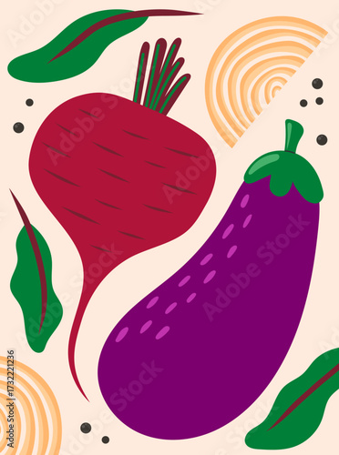 Vegetables poster for supermarket, kitchen, restaurant. Banner with eggplant, beetroot, onion. Culinary ingredients, organic food products, agricultural harvest. Hand drawn flat vector illustration