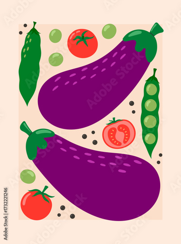Vegetables poster for supermarket, kitchen, restaurant. Banner with eggplant, cherry tomato, peas. Culinary ingredients, organic food product, agricultural harvest. Hand drawn flat vector illustration