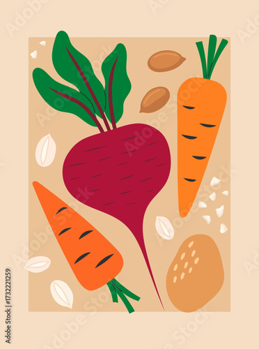 Vegetables poster for supermarket, kitchen, restaurant. Banner with beetroot, potato, carrot, nuts. Culinary ingredient, organic food product, agricultural harvest. Hand drawn flat vector illustration