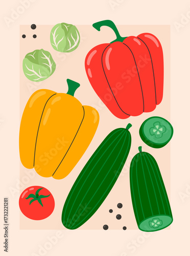 Vegetables poster for supermarket, kitchen, restaurant. Banner with bell peppers, cucumber, tomato, cabbage. Culinary ingredients, organic food products, agricultural harvest. Flat vector illustration