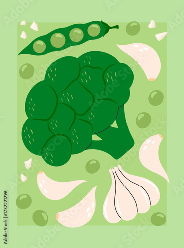 Vegetables poster for supermarket, kitchen, restaurant. Banner with broccoli, peas, garlic. Culinary ingredients, organic food products, agricultural harvest. Hand drawn flat vector illustration