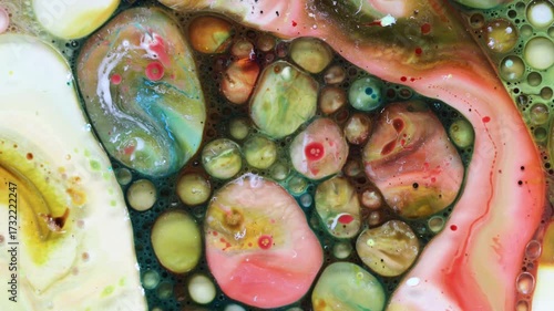 Multicolored bubble acrylic paints slowly flowing and moving, colorful paint drops vr bubbles, abstract colorful background