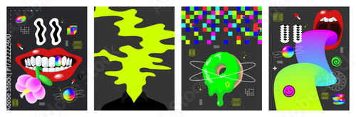 Psychedelic acid poster set. Gradient and memphis elements. Retro design. Vector illustration.