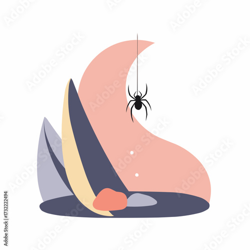 Abstract illustration of spider hanging over colorful shapes  