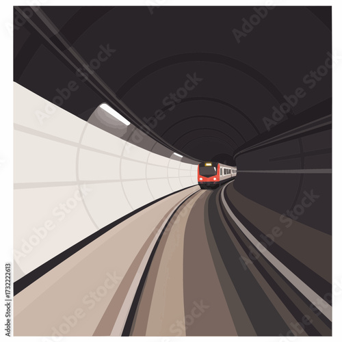 Train entering curved tunnel with modern design element  