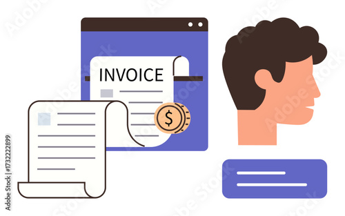Online invoice with dollar coin, human profile, document receipt represent payment, billing. Ideal for business, finance, accounting, transactions billing system money organization. Simple flat